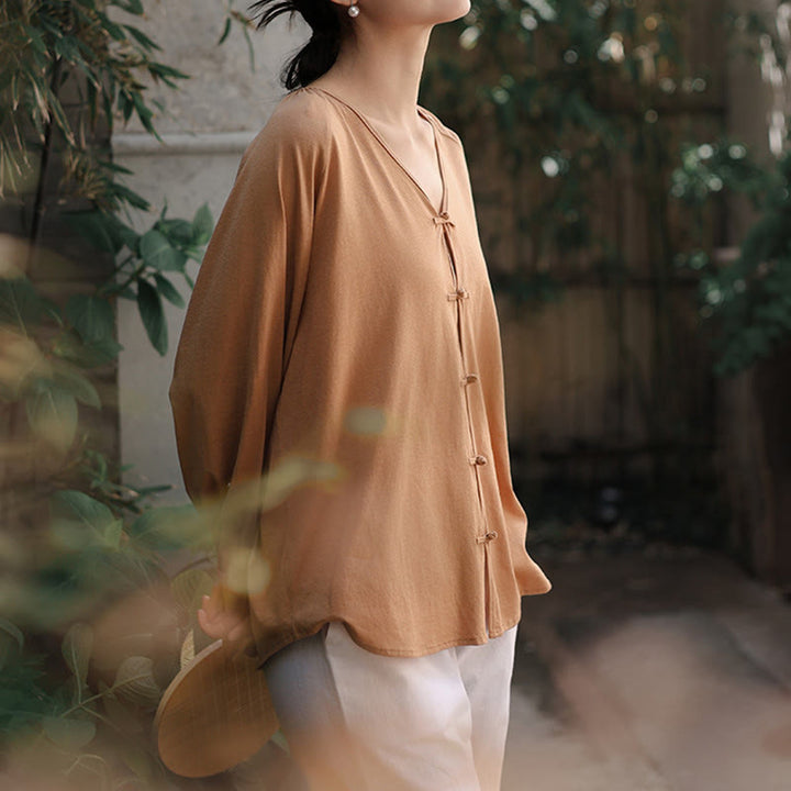 Chemise d'été à manches longues en coton et lin pour femme, motif grenouille chinoise, boutons, col en V, couleur pure, motif Buddha Stones - image 9