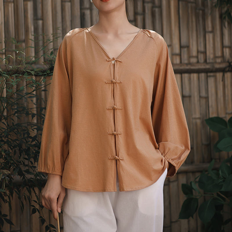 Chemise d'été à manches longues en coton et lin pour femme, motif grenouille chinoise, boutons, col en V, couleur pure, motif Buddha Stones - image 5
