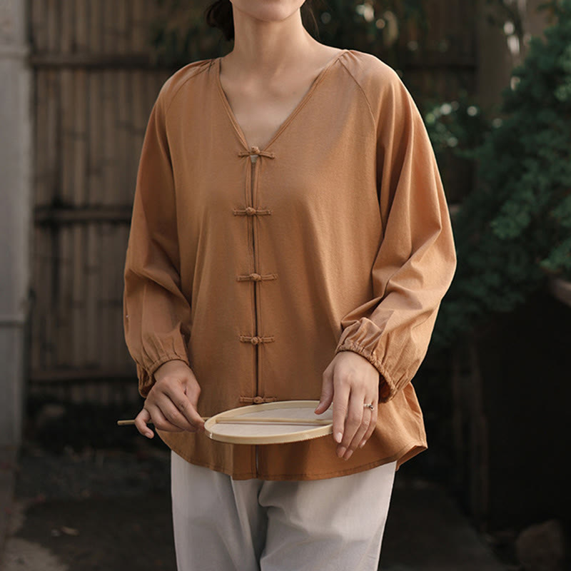 Chemise d'été à manches longues en coton et lin pour femme, motif grenouille chinoise, boutons, col en V, couleur pure, motif Buddha Stones - image 7