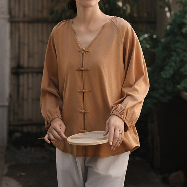 Chemise d'été à manches longues en coton et lin pour femme, motif grenouille chinoise, boutons, col en V, couleur pure, motif Buddha Stones - image 7