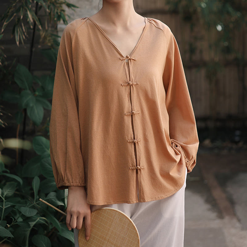 Chemise d'été à manches longues en coton et lin pour femme, motif grenouille chinoise, boutons, col en V, couleur pure, motif Buddha Stones - image 6
