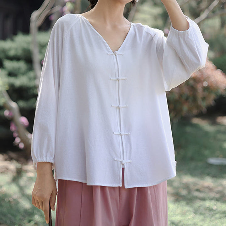Chemise d'été à manches longues en coton et lin pour femme, motif grenouille chinoise, boutons, col en V, couleur pure, motif Buddha Stones - image 11