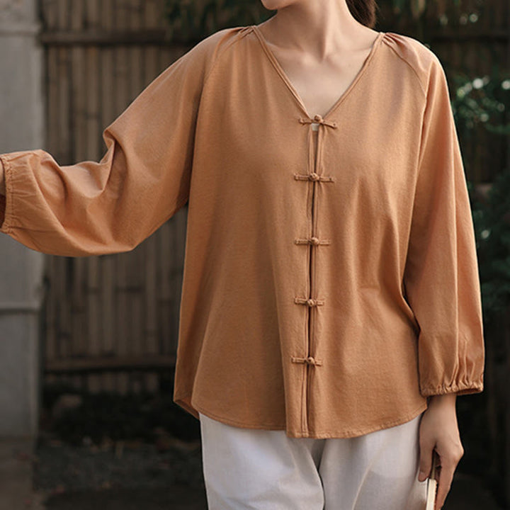 Chemise d'été à manches longues en coton et lin pour femme, motif grenouille chinoise, boutons, col en V, couleur pure, motif Buddha Stones - Chocolat - US12，UK/AU16，EU44 (2XL) - image 1