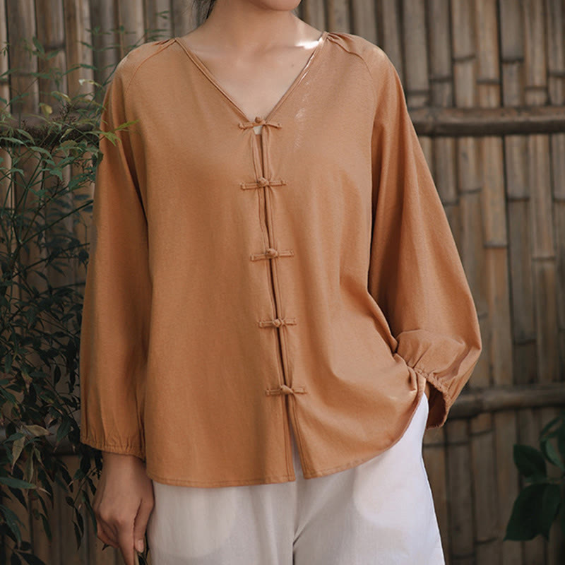 Chemise d'été à manches longues en coton et lin pour femme, motif grenouille chinoise, boutons, col en V, couleur pure, motif Buddha Stones - image 4