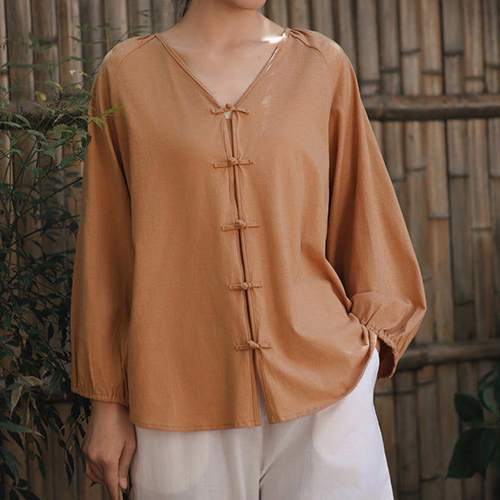 Chemise d'été à manches longues en coton et lin pour femme, motif grenouille chinoise, boutons, col en V, couleur pure, motif Buddha Stones - image 4