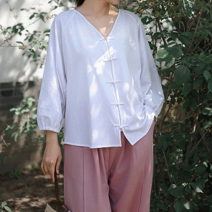 Chemise d'été à manches longues en coton et lin pour femme, motif grenouille chinoise, boutons, col en V, couleur pure, motif Buddha Stones - image 15