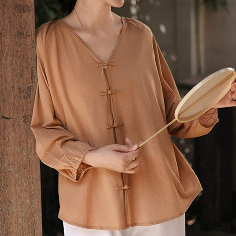 Chemise d'été à manches longues en coton et lin pour femme, motif grenouille chinoise, boutons, col en V, couleur pure, motif Buddha Stones - image 2