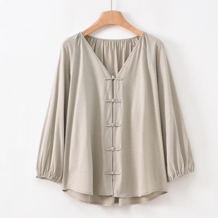 Chemise d'été à manches longues en coton et lin pour femme, motif grenouille chinoise, boutons, col en V, couleur pure, motif Buddha Stones - Tanné - US12，UK/AU16，EU44 (2XL) - image 23