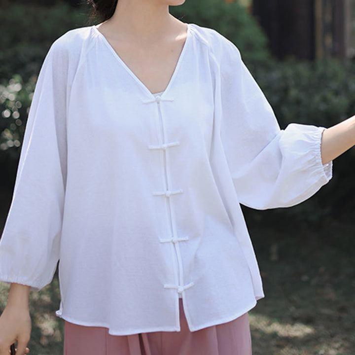 Chemise d'été à manches longues en coton et lin pour femme, motif grenouille chinoise, boutons, col en V, couleur pure, motif Buddha Stones - Blanc - US12，UK/AU16，EU44 (2XL) - image 10