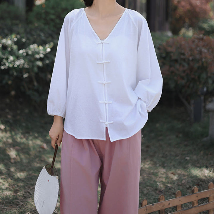 Chemise d'été à manches longues en coton et lin pour femme, motif grenouille chinoise, boutons, col en V, couleur pure, motif Buddha Stones - image 18