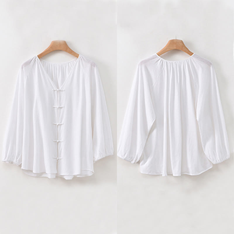Chemise d'été à manches longues en coton et lin pour femme, motif grenouille chinoise, boutons, col en V, couleur pure, motif Buddha Stones - image 21