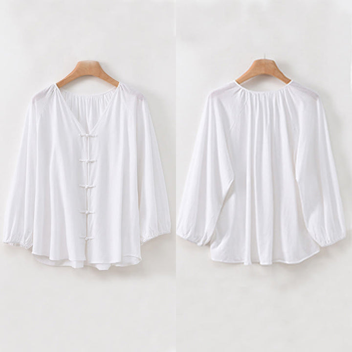 Chemise d'été à manches longues en coton et lin pour femme, motif grenouille chinoise, boutons, col en V, couleur pure, motif Buddha Stones - image 21