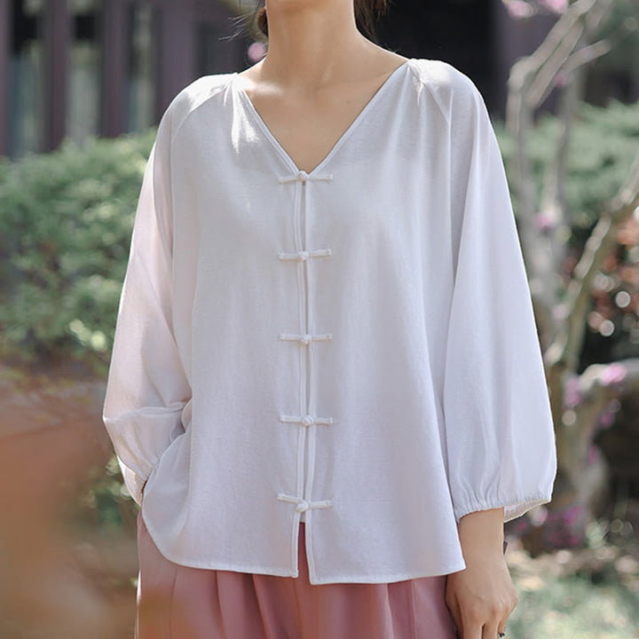 Chemise d'été à manches longues en coton et lin pour femme, motif grenouille chinoise, boutons, col en V, couleur pure, motif Buddha Stones - image 16