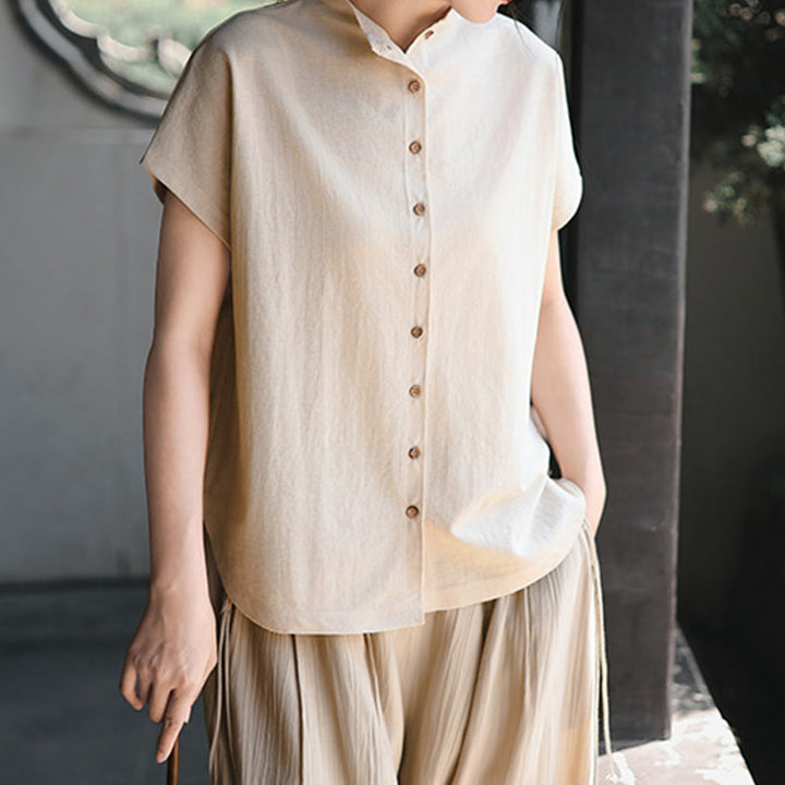 Chemise femme à manches courtes et col montant en coton avec boutons vintage et Buddha Stones - image 11