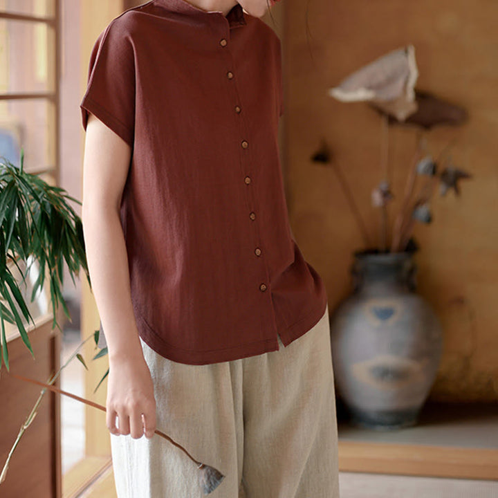 Chemise femme à manches courtes et col montant en coton avec boutons vintage et Buddha Stones - image 7