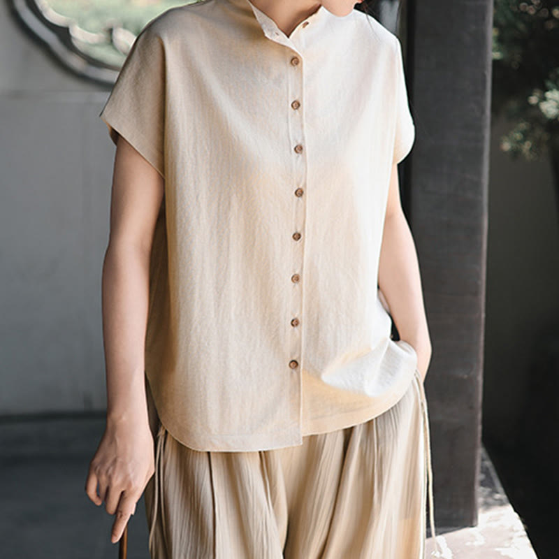 Chemise femme à manches courtes et col montant en coton avec boutons vintage et Buddha Stones - image 12