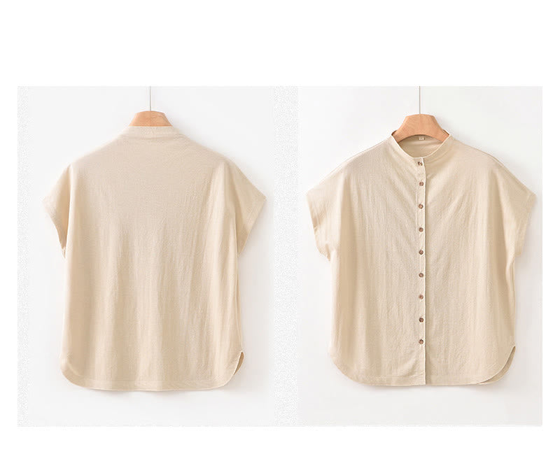 Chemise femme à manches courtes et col montant en coton avec boutons vintage et Buddha Stones - image 21