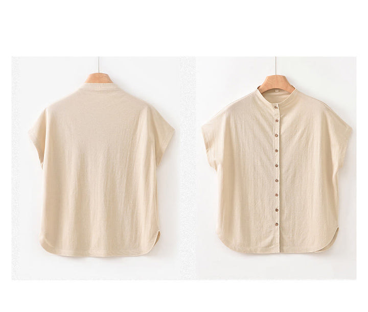 Chemise femme à manches courtes et col montant en coton avec boutons vintage et Buddha Stones - image 21
