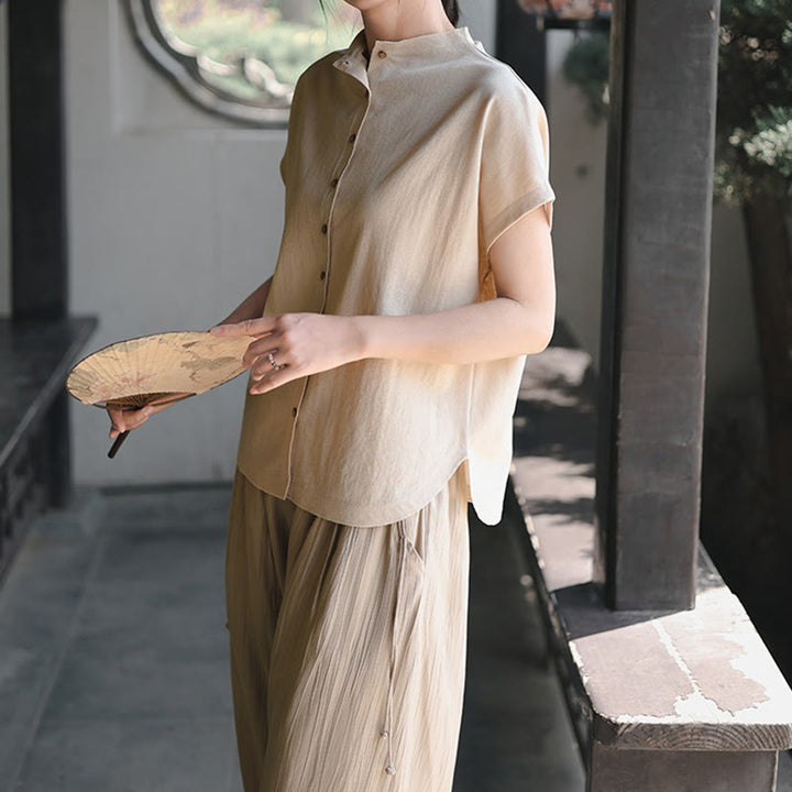 Chemise femme à manches courtes et col montant en coton avec boutons vintage et Buddha Stones - image 14
