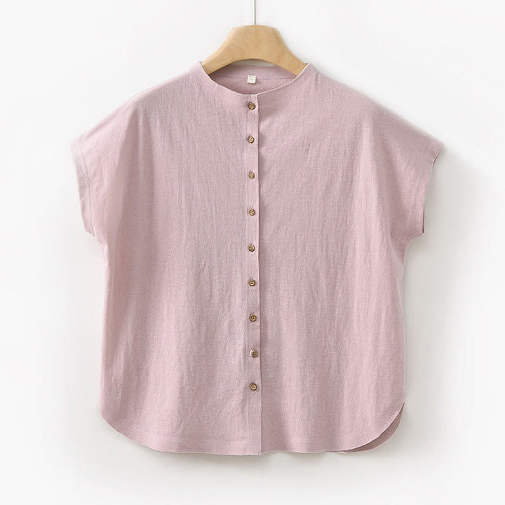 Chemise femme à manches courtes et col montant en coton avec boutons vintage et Buddha Stones - Rose - US8-10，UK/AU12-14，EU40-42 (2XL) - image 21