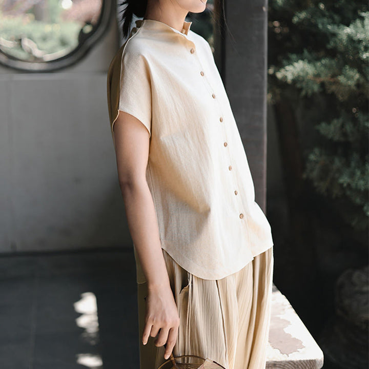 Chemise femme à manches courtes et col montant en coton avec boutons vintage et Buddha Stones - image 12