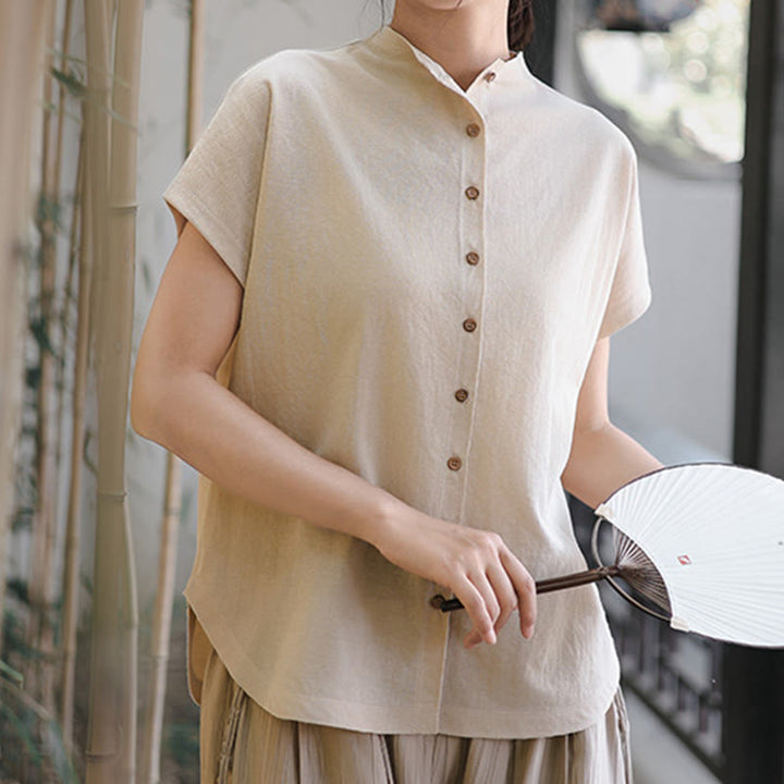 Chemise femme à manches courtes et col montant en coton avec boutons vintage et Buddha Stones - Lin - US8-10，UK/AU12-14，EU40-42 (2XL) - image 8