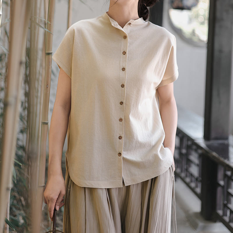 Chemise femme à manches courtes et col montant en coton avec boutons vintage et Buddha Stones - image 9