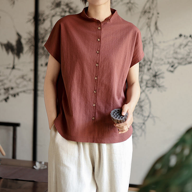 Chemise femme à manches courtes et col montant en coton avec boutons vintage et Buddha Stones - image 3
