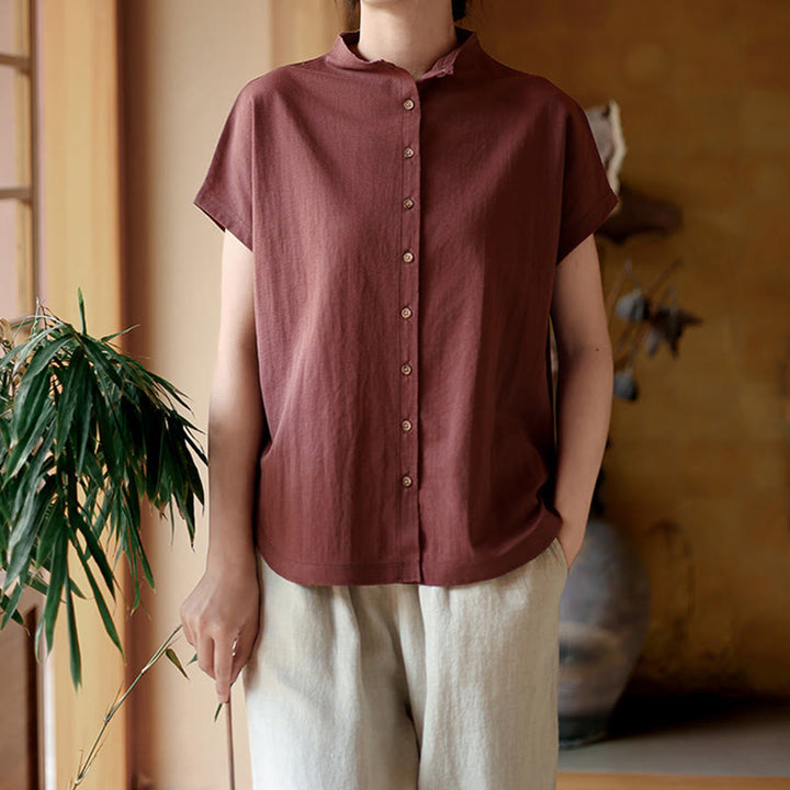 Chemise femme à manches courtes et col montant en coton avec boutons vintage et Buddha Stones - image 4
