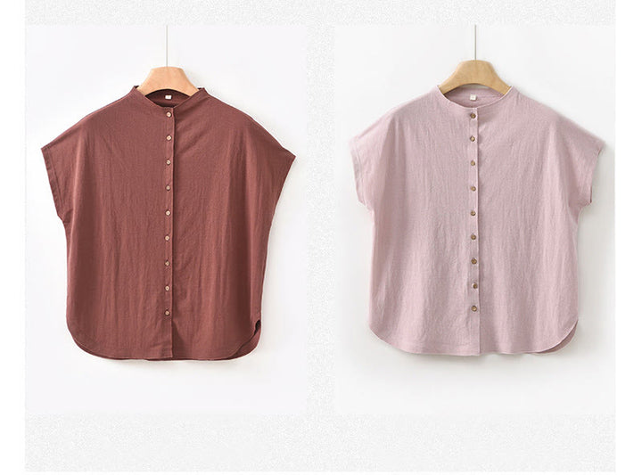 Chemise femme à manches courtes et col montant en coton avec boutons vintage et Buddha Stones - image 22