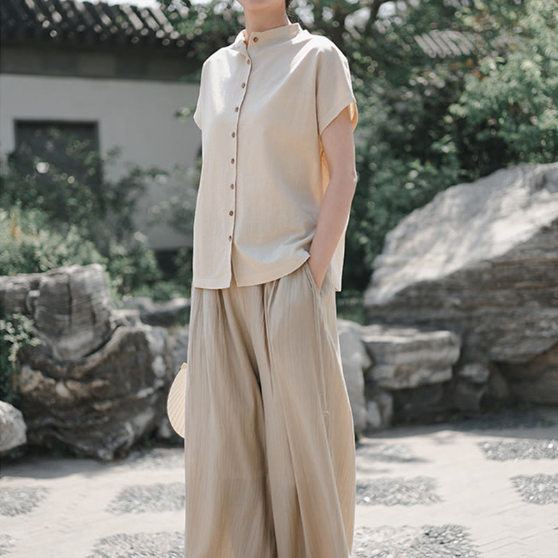 Chemise femme à manches courtes et col montant en coton avec boutons vintage et Buddha Stones - image 14