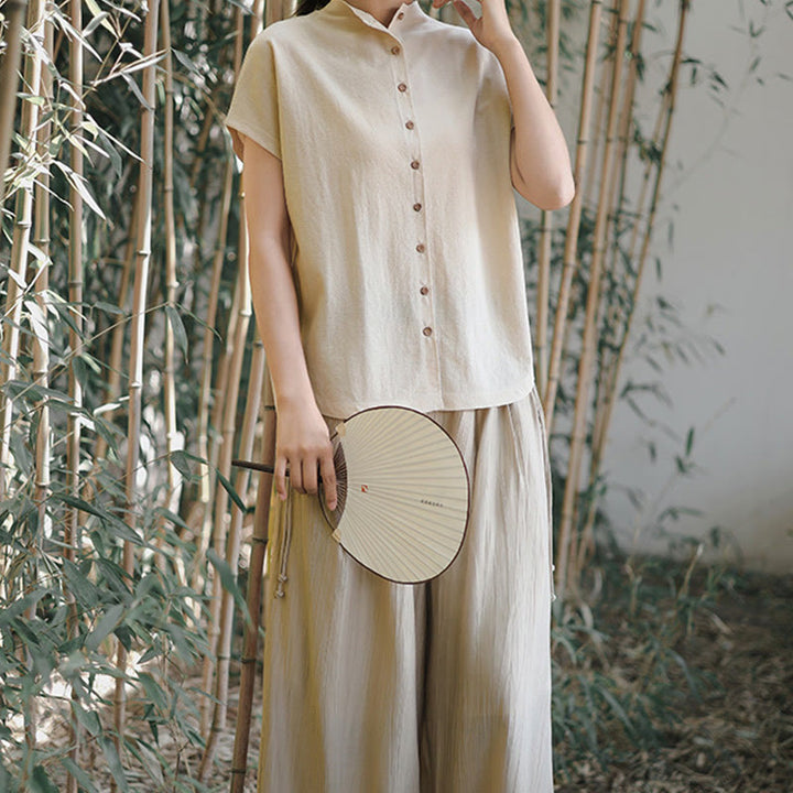 Chemise femme à manches courtes et col montant en coton avec boutons vintage et Buddha Stones - image 16