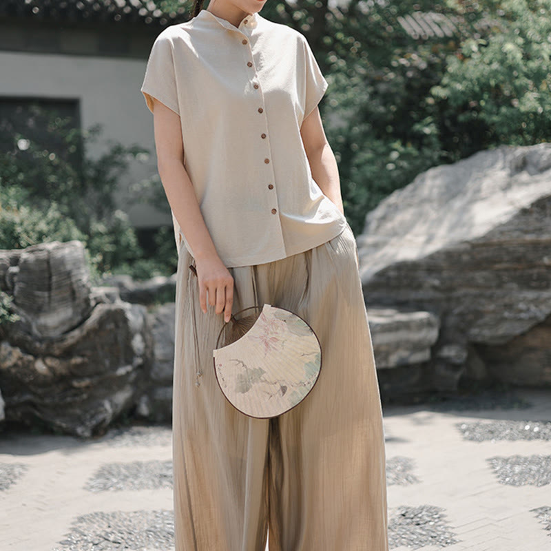 Chemise femme à manches courtes et col montant en coton avec boutons vintage et Buddha Stones - image 15