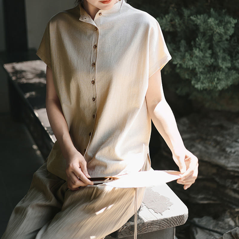 Chemise femme à manches courtes et col montant en coton avec boutons vintage et Buddha Stones - image 10