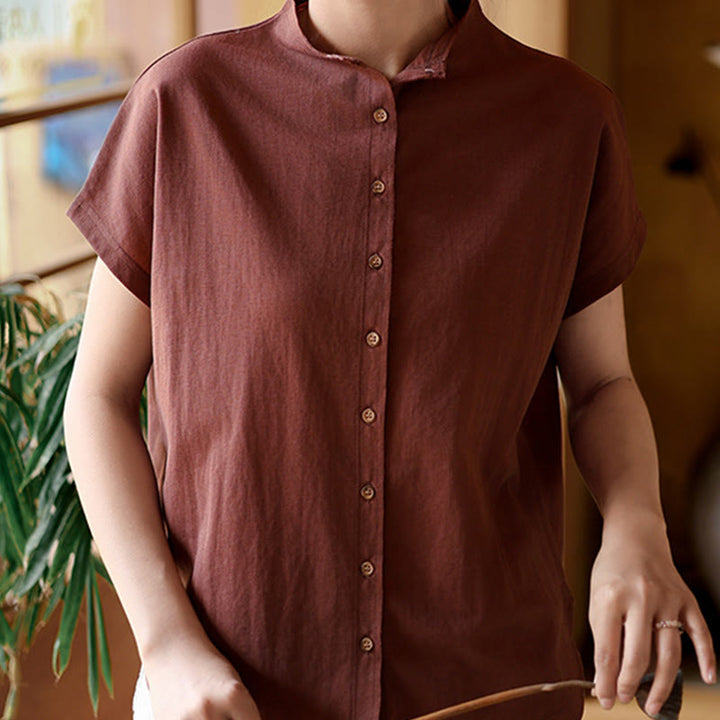 Chemise femme à manches courtes et col montant en coton avec boutons vintage et Buddha Stones - Brun - US8-10，UK/AU12-14，EU40-42 (2XL) - image 0