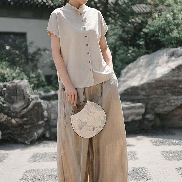 Chemise femme à manches courtes et col montant en coton avec boutons vintage et Buddha Stones - image 16