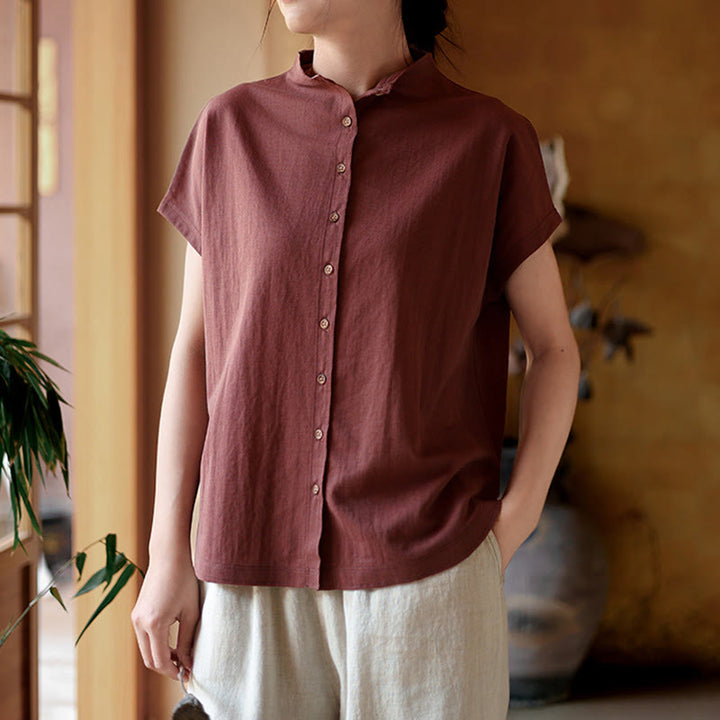 Chemise femme à manches courtes et col montant en coton avec boutons vintage et Buddha Stones - image 2