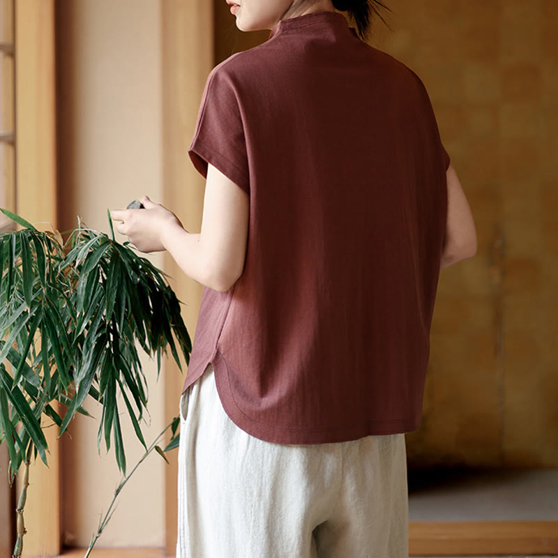 Chemise femme à manches courtes et col montant en coton avec boutons vintage et Buddha Stones - image 5