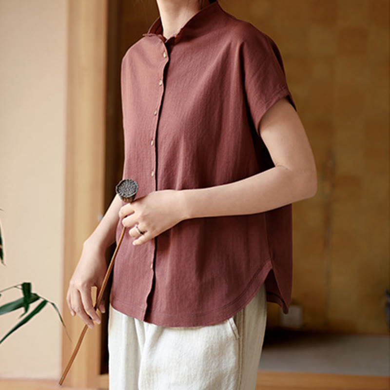 Chemise femme à manches courtes et col montant en coton avec boutons vintage et Buddha Stones - image 5