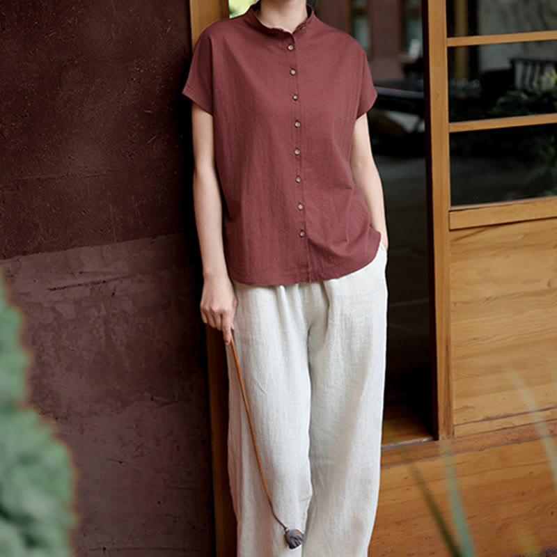 Chemise femme à manches courtes et col montant en coton avec boutons vintage et Buddha Stones - image 8