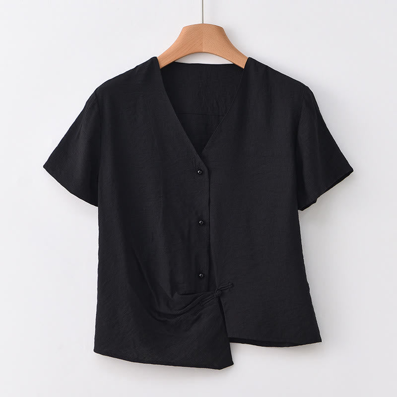 Chemise à manches courtes en coton et lin pour femme, col en V, motif irrégulier, boutons et Buddha Stones - Noir - US8-10，UK/AU12-14，EU40-42 (2XL) - image 20