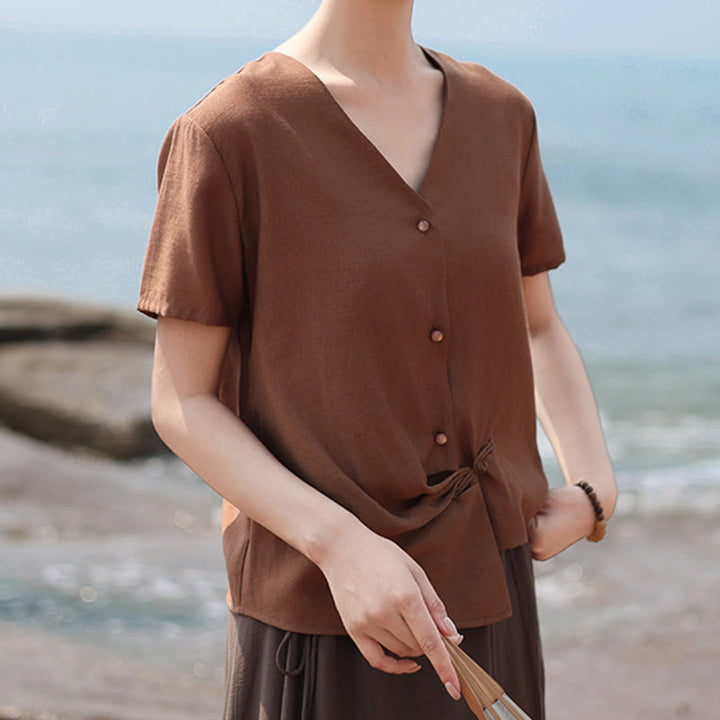 Chemise à manches courtes en coton et lin pour femme, col en V, motif irrégulier, boutons et Buddha Stones - image 5