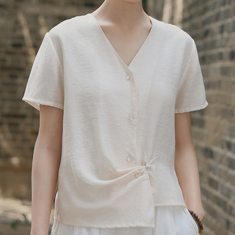 Chemise à manches courtes en coton et lin pour femme, col en V, motif irrégulier, boutons et Buddha Stones - image 12