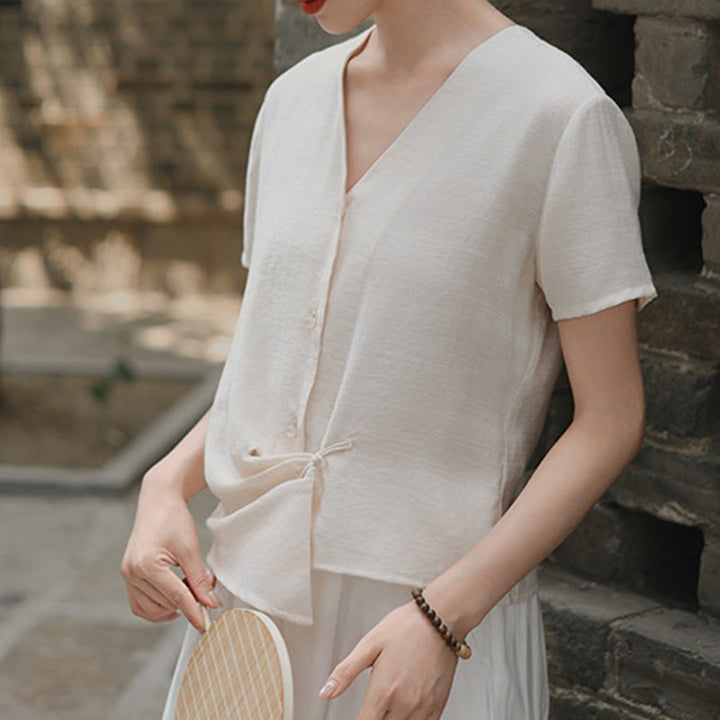 Chemise à manches courtes en coton et lin pour femme, col en V, motif irrégulier, boutons et Buddha Stones - FloralWhite - US8-10，UK/AU12-14，EU40-42 (2XL) - image 9