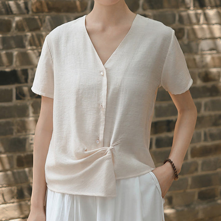 Chemise à manches courtes en coton et lin pour femme, col en V, motif irrégulier, boutons et Buddha Stones - image 15