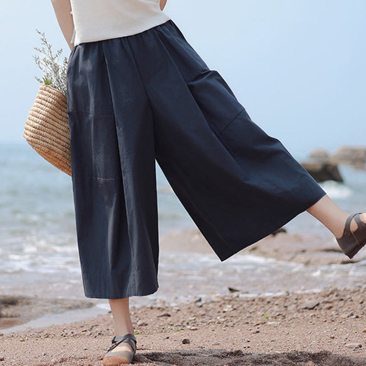 Pantalon capri court Buddha Stones taille haute en coton uni avec poches pour femme - Bleu nuit - US8-10，UK/AU12-14，EU40-42 (2XL) - image 0