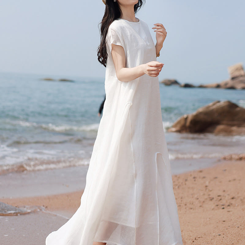 Robe longue en coton et lin à manches courtes et ourlet irrégulier avec Buddha Stones - image 15