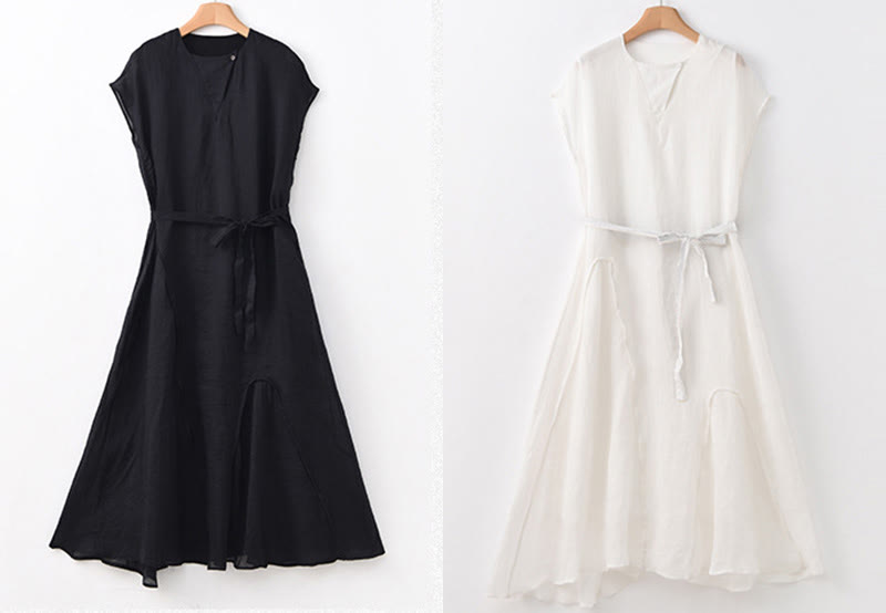 Robe longue en coton et lin à manches courtes et ourlet irrégulier avec Buddha Stones - image 22