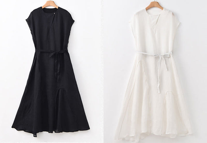 Robe longue en coton et lin à manches courtes et ourlet irrégulier avec Buddha Stones - image 22