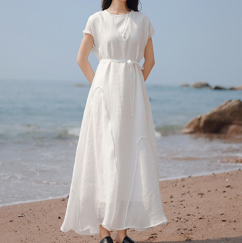 Robe longue en coton et lin à manches courtes et ourlet irrégulier avec Buddha Stones - image 15